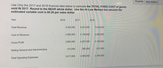 10 points Save Answer Use Only the 2017 and 2018 financial data below to estimate the TOTAL FIXED COST of goods sold IN 2017.