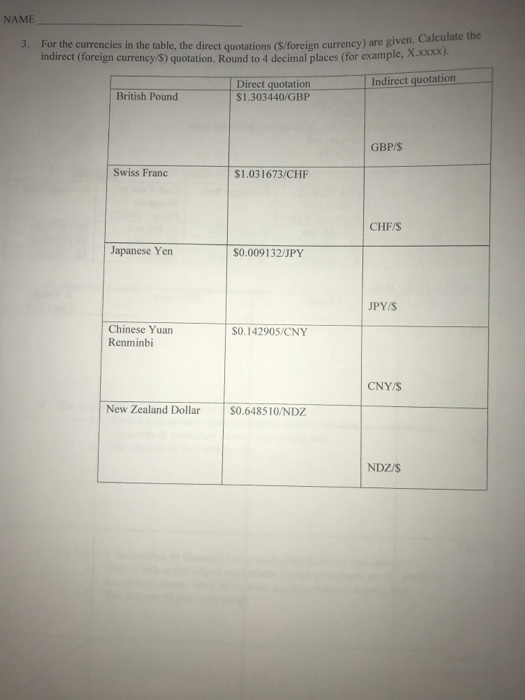 NAME 3. For the currencies in the table, the direct quotations (S/foreign currency) are give indirect (foreign currency/s) qu