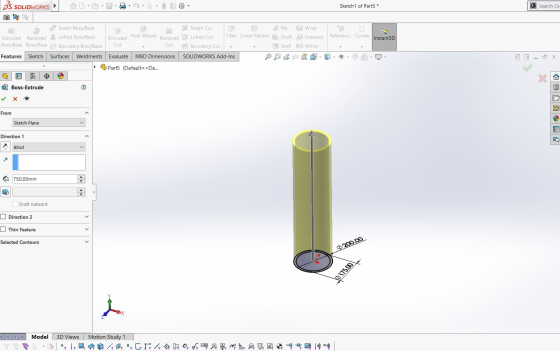 3S SOLIDWORKS Sketch 1 of Part5 * > Search Co Instant3D Swept Boss/Base Extruded Revolved Lofted Boss/Base Boss/Base Boss/Bas
