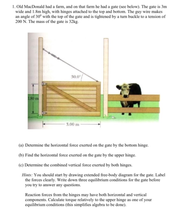 1. Old MacDonald had a farm, and on that farm he had a gate (see below). The gate is 3m wide and 1.8m high, with hinges attac