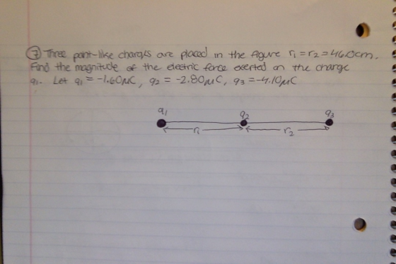 Tru pnt-like charges are raced ın the Agre ri = r2ュし1G0cm. Find the mognitide of the eeeinic forta oerted the crare 93