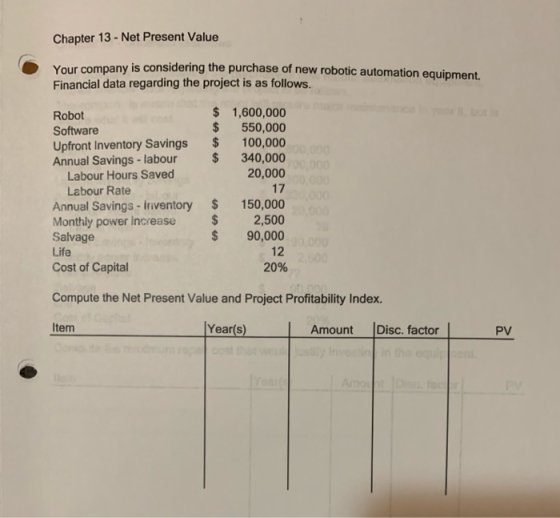 Chapter 13 - Net Present Value Your company is considering the purchase of new robotic automation equipment. Financial data r