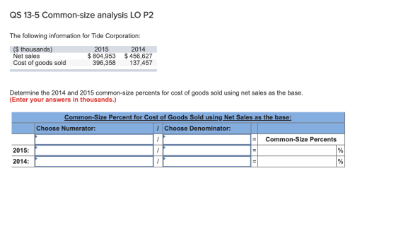 QS 13-5 Common-size analysis LO P2 The following information for Tide Corporation: ($ thousands) Net sales Cost of goods sold