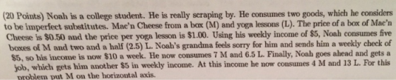 (20 Points) Noah is a college student. He is really scraping by. He consumes two goods, which he considers to be imperfect su