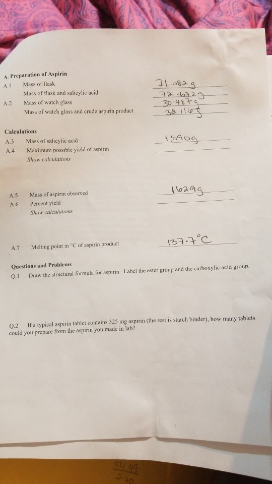 A. Preparation of Aspirin Al Mass of flask Mass of flask and salicylic acid A.2 Mass of watch glass Mass of watch glass and c