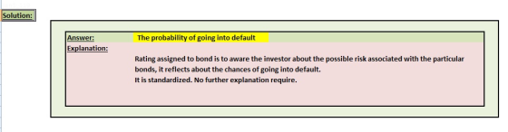 Solution Answer: The probability of going into default Explanation: Rating assigned to bond is to aware the investor about the possible risk associated with the particular bonds, it reflects about the chances of going into default. It is standardized. No further explanation require.