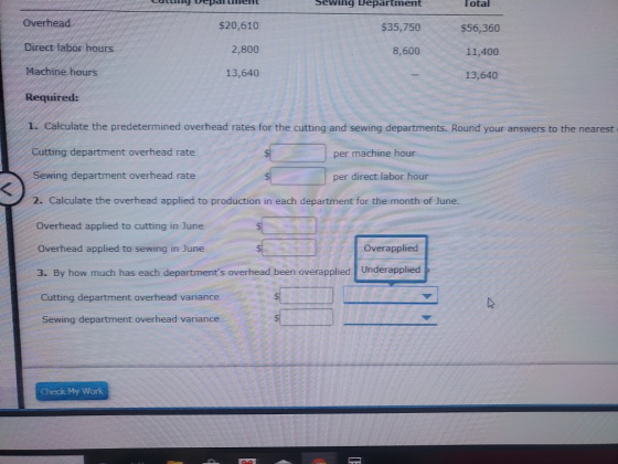 cony Depalliert Sewing Department Total Overhead $20,610 $35,750 $56,360 Direct labor hours 2,800 8,600 11,400 Machine hours