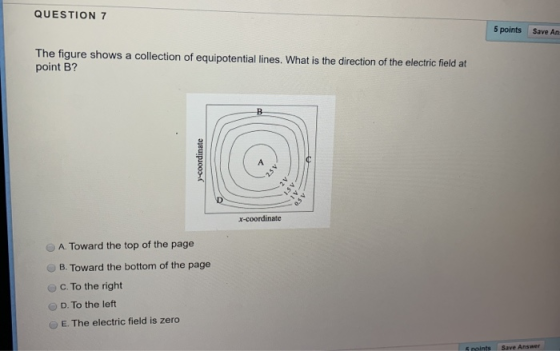 QUESTION 7 5 points Save AR The figure shows a collection of equipotential lines. What is the direction of the electric field