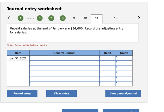 Journal entry worksheet < 0..... 6 0 6 9 10 11 13 > Unpaid salaries at the end of January are $34,600. Record the adjusting e