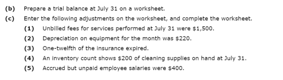 (b) (c) Prepare a trial balance at July 31 on a worksheet. Enter the following adjustments on the worksheet, and complete the