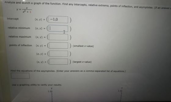 Analyze and sketch a graph of the function. Find any intercepts, relative extrema, points of inflection, and asymptotes. (If