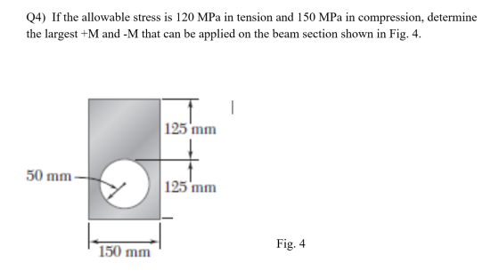Q4) If the allowable stress is 120 MPa in tension and 150 MPa in compression, determine the largest +M and -M that can be app