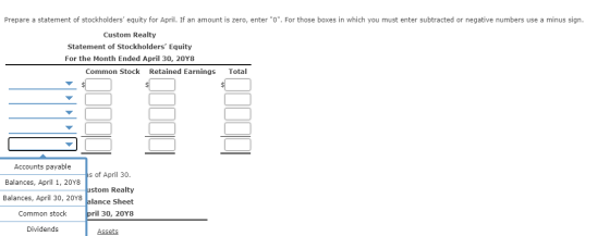 Prepare a statement of stockholders equity for April. If an amount is zero, enter 0. For those boxes in which you must ent