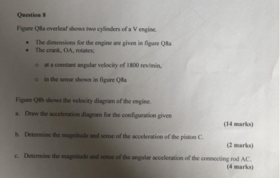 Question 8 Figure Q8a overleaf shows two cylinders of a V engine. The dimensions for the engine are given in figure Q8a The c