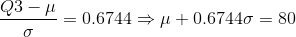 \frac{Q3-\mu}{\sigma}=0.6744\Rightarrow \mu+0.6744\sigma=80