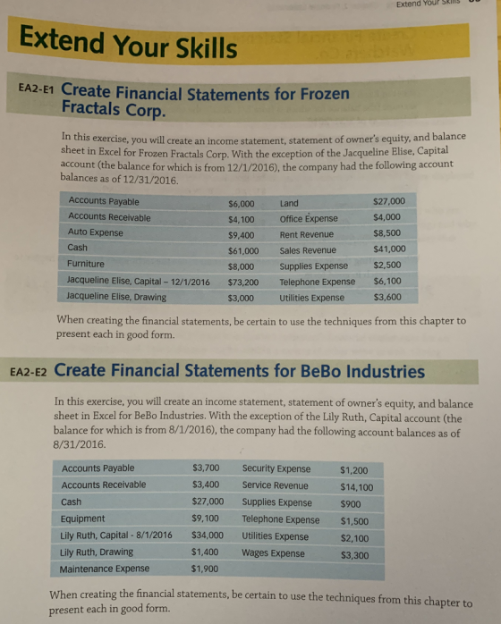 Extend You Extend Your Skills EA2-E1 Create Financial Statements for Frozen Fractals Corp. In this exercise, you will create an income statement, statement of owners equity, and balance sheet in Excel for Frozen Fractals Corp. With the exception of the Jacqueline Elise, Capital account (the balance for which is from 12/1/2016), the company had the following account balances as of 12/31/2016. Accounts Payable Accounts Receivable Auto Expense Cash Furniture $27,000 $4,000 $8,500 $41,000 Land $6,000 $4,100 Office Expense S9,400 Rent Revenue $61,000 Sales Revenue $8,000 Supplies Expense $2,500 Jacqueline Elise, Capital 12/1/2016 $73,200 Telephone Expense $6,100 $3,600 Jacqueline Elise, Drawing $3,000 Utilities Expense When creating the financial statements, be certain to use the techniques from this chapter to present each in good form. EA2-E2 Create Financial Statements for BeBo Industries In this exercise, you will create an income statement, statement of owners equity, and balance sheet in Excel for BeBo Industries. With the exception of the Lily Ruth, Capital account (the balance for which is from 8/1/2016), the company had the following account balances as of 8/31/2016 Accounts Payable Accounts Receivable Cash Equipment Lily Ruth, Capital - 8/1/2016 Lily Ruth, Drawing Maintenance Expense S3,700 Security Expense $1,200 $3,400 Service Revenue $27,000 Supplies Expense $900 $9,100 Telephone Expense $1,500 $34,000 $1,400 Wages Expense $1,900 $14,100 Utilities Expense$2,100 $3,300 When c reating the financial statements, be certain to use the techniques from this chapter to present each in good form.