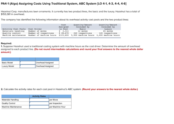 PA4-1 (Algo) Assigning Costs Using Traditional System, ABC System (LO 4-1, 4-3, 4-4, 4-6) Hazelnut Corp. manufactures lawn or