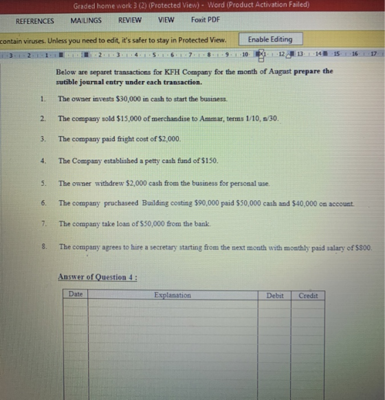 Graded home work 3 (2) (Protected view) - Word (Product Activation Failed) MAILINGS REVIEW VIEW Foxit PDF REFERENCES contain