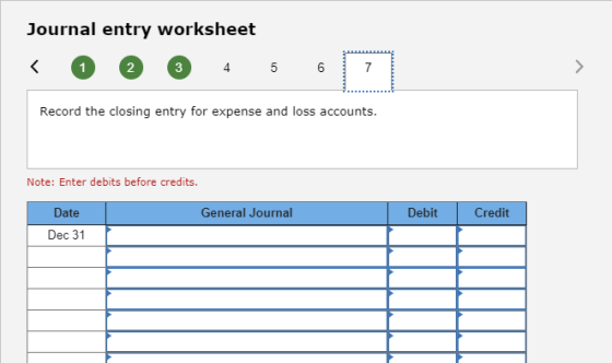 Journal entry worksheet Record the closing entry for expense and loss accounts. Note: Enter debits before credits. General Jo
