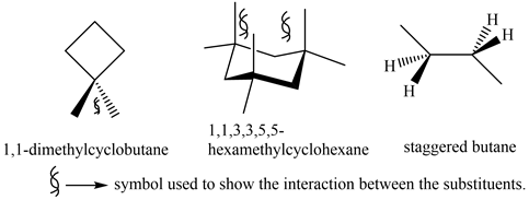 Н
Н
H
Н
1,1,3,3,5,5-
hexamethylcyclohexane
1,1-dimethylcyclobutane
staggered butane
symbol used to show the interaction betwe