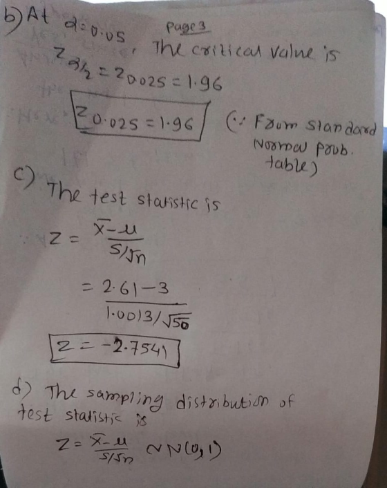 Page 3 able) The test staristic is - 2.613 2ニー2.754) d) The sampling distznbution f