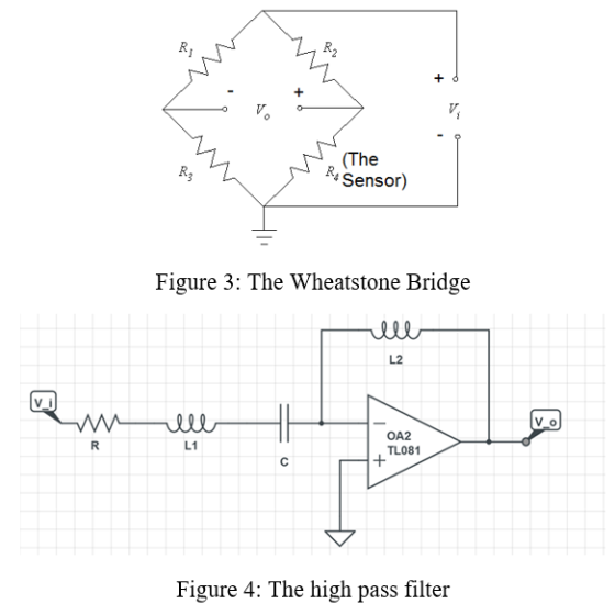R2 + + V (The R Sensor) Figure 3: The Wheatstone Bridge ele L2 w ell V_o R L1 OA2 TL081 с + Figure 4: The high pass filter