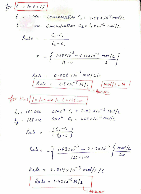 to to t=15 t - ta sec sec. concentration C2, 3.58x/3 molle Concentration C2 = 4x10-3 mol/L C₂-C, Rate - tz-t, 23 :-? sortie w
