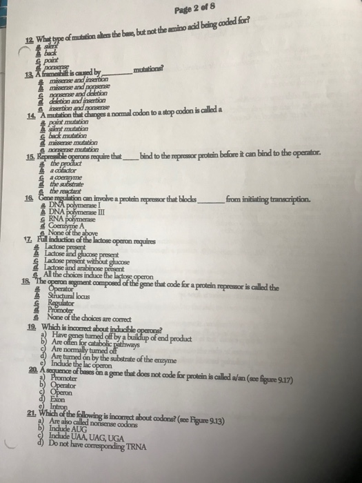Page 2 of 8 12. What type of mutationales the base, but not the amino acid being coded for? mutations? point nonsense 12. fra