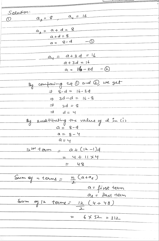Solution: 0 a. ч 16 1 ag = .8 وه at d=8 atd=8 8-d a = at 3d au = 16 at 3d = 16 a= 16-3d By comparing cq ① and @ we get 8-d- 1