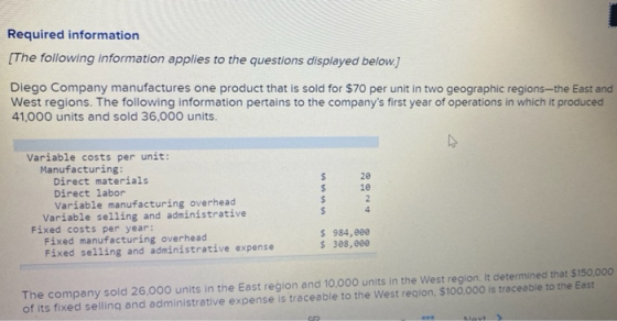 Required information [The following information applies to the questions displayed below.) Diego Company manufactures one pro