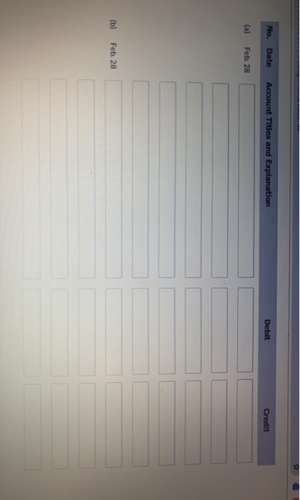 No. Date Account Titles and Explanation Debit Credit (a) Feb. 28 (b) Feb. 28