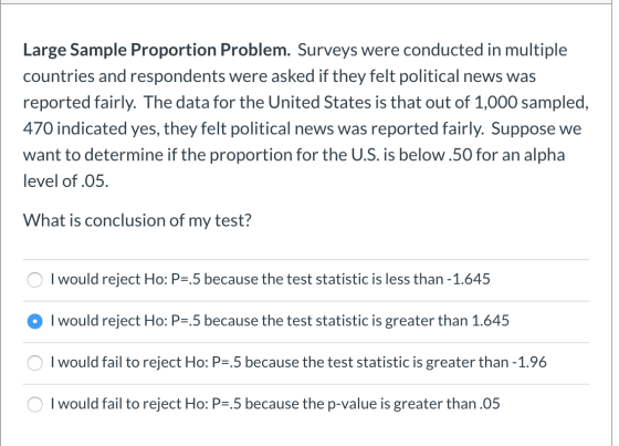 Large Sample Proportion Problem. Surveys were conducted in multiple countries and respondents were asked if they felt politic