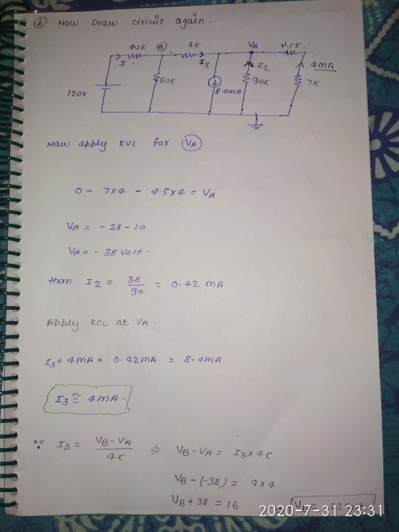 Now Draw circuit again qok 4k VA Z I3 ** I2 4MA Gok Egok 8 76 120v 18.9MA Naw apply KUL for VA 7x4 8.5x4 - VA VA 28 - 10 VA=