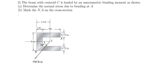 2) The beam with centroid C is loaded by an unsymmetric bending moment as shown. (a) Determine the normal stress due to bendi