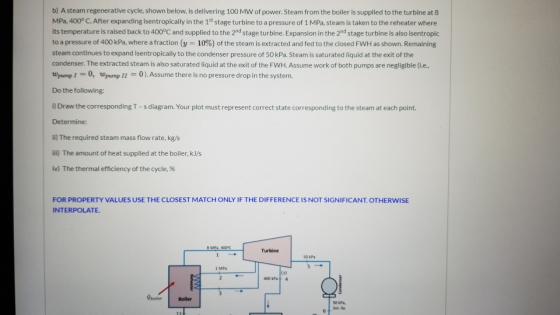 b) A steam regenerative cycle, shown below, is delivering 100 MW of power. Steam from the boiler is supplied to the turbine a