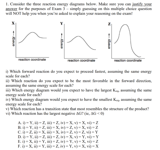 1. Consider the three reaction energy diagrams below. Make sure you can justify your answer for the purposes of Exam 3 – simp