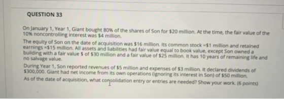 QUESTION 33 On January 1, Year 1, Giant bought 80% of the shares of Son for $20 million. At the time, the fair value of the 1
