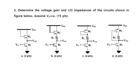 3. Determine the voltage gain and I/O impedances of the circuits shown in figure below. Assume VA=00. (15 pts) VOD Voo VOD VO