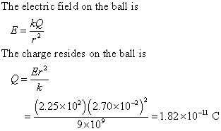 The electric field on the ball is ke The charge resides on the ball is (2.25x10) (2.70x10) 9x10 1.82x10- C