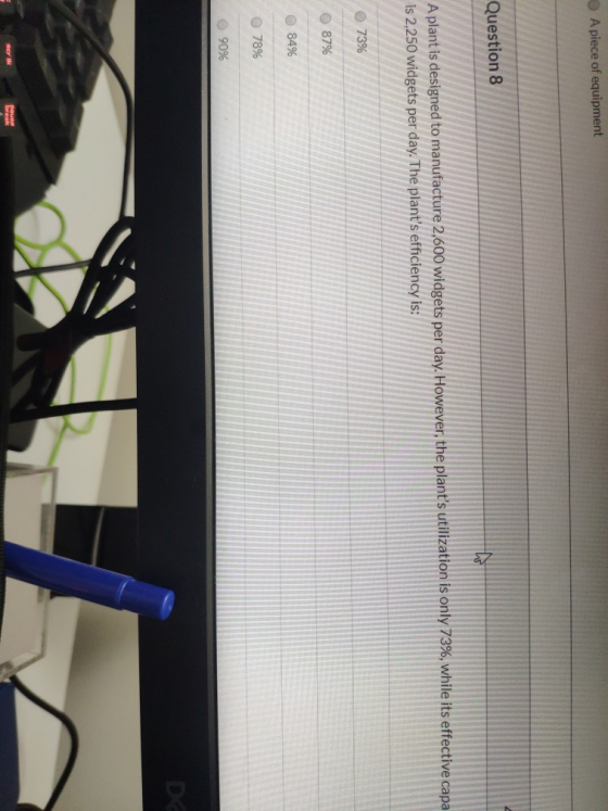 A piece of equipment Question 8 A plant is designed to manufacture 2,600 widgets per day. However, the plants utilization is