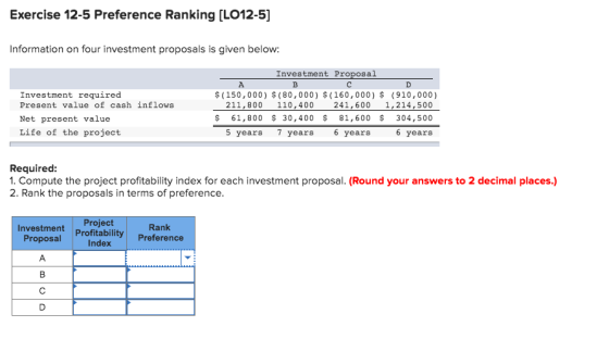 Exercise 12-5 Preference Ranking (LO12-5] Information on four investment proposals is given below: Investment required Presen