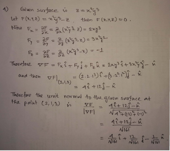 Given surface Ú。 五=7Cyg and then ▽F There fre the unit norma to the iven safnce at NI6I