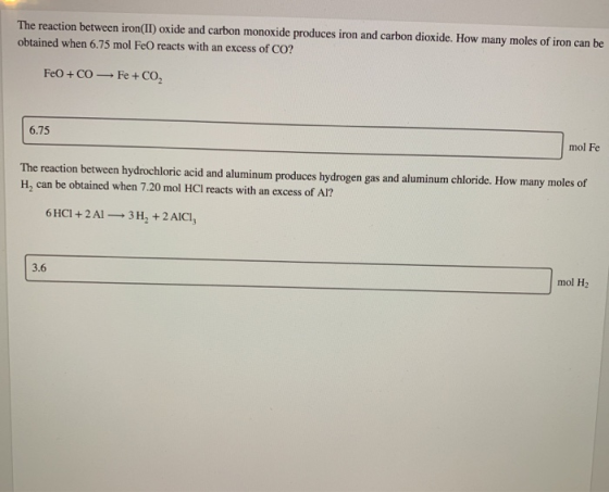 The reaction between iron(II) oxide and carbon monoxide produces iron and carbon dioxide. How many moles of iron can be obtai