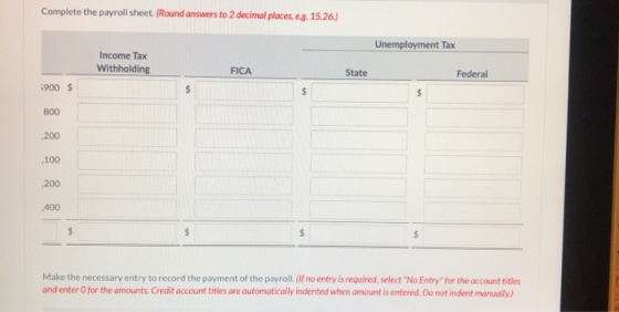 Complete the payroll sheet. (Round answers to 2 decimal places, eg. 15.26.) Unemployment Tax Income Tax Withholding FICA Stat