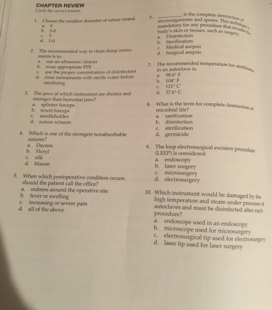 CHAPTER REVIEW Circle the correct answer is the complete destruction Leder Khatiwadesh 1. Choose the smallest diameter of sut