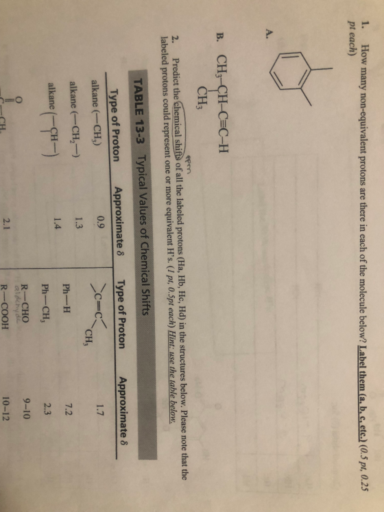 1. How many non-equivalent protons are there in each of the molecule below? Label them (a, b, c, etc.) (0.3 pr, 0.23 pt each)