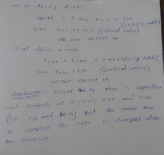using t tabl le con esect 46 at df sin c. tobs > 1.8も (or, fi cal value.) -nt eviclan Ce at d τ o.ol, o-or and a.Io thot the mean time l sh and o cemplete the charn to Hu exercise