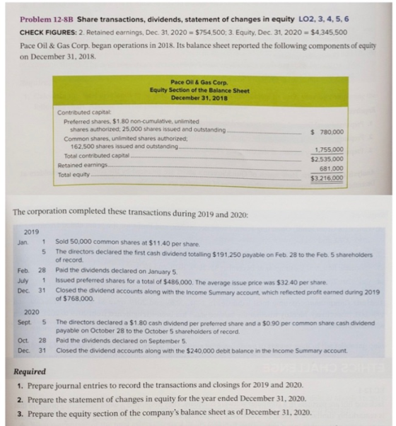Problem 12-8B Share transactions, dividends, statement of changes in equity LO2, 3, 4, 5, 6 CHECK FIGURES: 2. Retained earnin