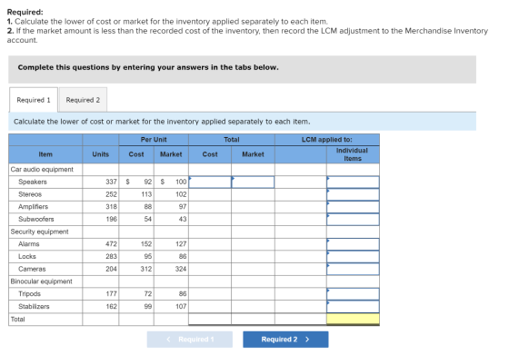 Required: 1. Calculate the lower of cost or market for the inventory applied separately to each item. 2. If the market amount