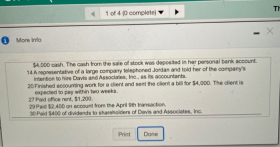 TH 1 of 4 (0 complete) * More Info $4,000 cash. The cash from the sale of stock was deposited in her personal bank account. 1